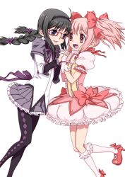  2girls akemi_homura akemi_homura_(magical_girl) black_hair braid commentary_request glasses hirose_(mokiki) holding_hands interlocked_fingers kaname_madoka kaname_madoka_(magical_girl) long_hair magical_girl mahou_shoujo_madoka_magica mahou_shoujo_madoka_magica_(anime) multiple_girls pantyhose pink_eyes pink_hair purple_eyes red-framed_eyewear shoes short_hair simple_background smile twin_braids 