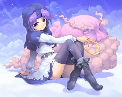  1boy belt boots cloud commentary_request cross-laced_footwear female garter_straps hood jewelry kumoi_ichirin kurogarasu lace-up_boots light_smile photoshop_(medium) purple_eyes purple_hair ring sitting skirt thighhighs touhou unzan zettai_ryouiki 