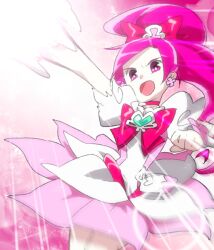  abe_(f!mixture) bad_id bad_pixiv_id blue_eyes bow bowtie brooch choker cure_blossom female hanasaki_tsubomi heart heart_brooch heartcatch_precure! high_ponytail jewelry light long_hair magical_girl open_mouth pink_bow pink_bowtie pink_choker pink_theme precure purple_hair solo 