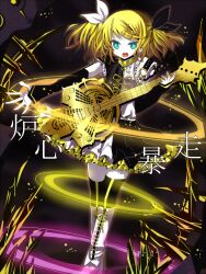  bad_id bad_pixiv_id bass_guitar blonde_hair boots cross-laced_footwear dress female frills green_eyes hair_ornament hair_ribbon hairclip highres instrument kagamine_rin kagamine_rin_(roshin_yuukai/hard_rkmix) lace-up_boots ribbon roshin_yuukai_(vocaloid) shimotsuki_eri solo twintails vocaloid 