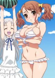  2girls :&lt; anjou_naruko ano_hi_mita_hana_no_namae_wo_bokutachi_wa_mada_shiranai. arms_up bikini breast_hold breasts brown_eyes brown_hair cleavage commentary_request curvy food frills fruit hirose_(mokiki) holding holding_food holding_fruit holding_watermelon honma_meiko huge_breasts long_hair lowleg lowleg_bikini multiple_girls navel open_mouth partial_commentary skindentation smile swimsuit twintails watermelon 