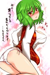  ass bare_legs blush breasts commentary_request female green_hair kazami_yuuka large_breasts looking_back no_pants panties red_eyes roki_(hirokix) short_hair side-tie_panties solo touhou translated underwear white_panties 