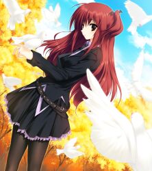  belt bird black_pantyhose blazer brown_eyes cloud dove female game_cg hair_ornament jacket long_hair nanakase_yui necktie nekonade_distortion pantyhose red_hair skirt sky solo tree tsukinon 