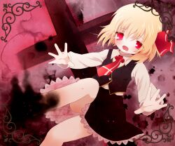  bad_id bad_pixiv_id blonde_hair blood blush cross darkness female hair_ribbon highres kokorominton oerba_yun_fang open_mouth outstretched_arms red_eyes ribbon rumia shirt short_hair skirt skirt_set solo touhou vest 