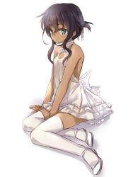  ankle_strap aqua_eyes bad_id bad_pixiv_id between_legs black_hair braid commentary_request dark-skinned_female dark_skin dress female french_braid frilled_dress frills full_body green_eyes hair_between_eyes hair_ribbon hand_between_legs looking_at_viewer miyoshino original ribbon shoes short_hair simple_background sitting solo thighhighs translucent white_background white_dress white_footwear white_ribbon white_thighhighs 