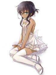  aqua_eyes black_hair dark-skinned_female dark_skin dress duplicate female green_eyes miyoshino original short_hair simple_background solo thighhighs translucent white_background 