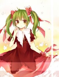  alternate_hairstyle amane_kurumi arm_ribbon bow commentary_request dress female frills green_eyes green_hair hair_ribbon hairbow kagiyama_hina long_hair open_mouth ribbon solo touhou twintails 