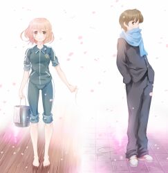  1boy bad_id bad_pixiv_id barefoot bucket female gakuran hanasaku_iroha hand_in_pocket matsumae_ohana ryouku scarf school_uniform sleeves_rolled_up string string_of_fate tanemura_kouichi tiles track_suit wooden_floor 