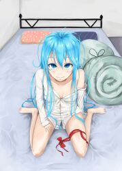  absurdres ahoge antenna_hair bad_feet bad_id bad_pixiv_id bare_legs bare_shoulders barefoot bed blue_eyes blue_hair blush denpa_onna_to_seishun_otoko dress_shirt feet female futon highres irohara long_hair looking_up off_shoulder open_clothes pillow shirt sitting smile solo touwa_erio very_long_hair wariza 