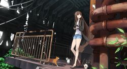  blue_shorts brown_hair camera coat commentary denim denim_shorts dutch_angle english_commentary feline female hangar industrial_pipe jacket kriss_sison light_smile long_coat long_hair looking_away original overgrown railing sandals short_shorts shorts solo standing very_long_hair 