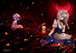  3girls arms_behind_back bat_wings blonde_hair blue_eyes blue_hair braid commentary flandre_scarlet gloves grey_hair hat highres izayoi_sakuya knife maid maid_headdress moon multiple_girls photoshop_(medium) red_eyes red_moon remilia_scarlet spinel_(9057) touhou twin_braids weapon wings 