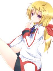  blonde_hair blush charlotte_dunois female hair_ribbon highres infinite_stratos kakao_(chocolate_land) licking licking_finger long_hair ponytail protected_link purple_eyes ribbon simple_background solo 