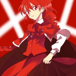  bow braid cape capelet cross dress female long_hair makiko okazaki_yumemi red_background red_capelet red_dress red_eyes red_hair red_theme ribbon smile solo touhou touhou_(pc-98) 