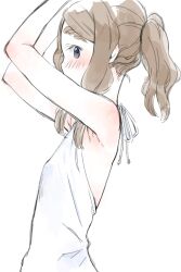  armpits arms_up bare_shoulders blue_eyes blush brown_hair chibikko_(morihito) commentary_request eyebrows female flat_chest from_side morihito original ponytail profile sidelocks simple_background solo white_background 