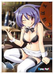  ;q alcohol apron arm_support bare_shoulders black_bra blue_hair blush bottle bow bow_bra bowtie bra breasts cleavage clock cymbals deardrops drum drum_set female fujimaru_(bluebrand) glass hairband highres instrument lace lace-trimmed_legwear lace_trim large_breasts lingerie miniskirt navel official_art one_eye_closed red_eyes short_hair sitting skirt smile solo tamano_rimu thighhighs tongue tongue_out tray underwear waist_apron waitress white_thighhighs wine wrist_cuffs zettai_ryouiki 