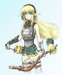  armor arrow_(projectile) blonde_hair bow_(weapon) bracer breastplate commentary_request culdcept elf female festino green_eyes headband kigi pointy_ears quiver solo thighhighs weapon white_thighhighs zettai_ryouiki 