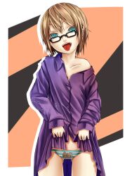  aqua_eyes brown_hair clothes_lift commentary_request female glasses highres off_shoulder original panties print_panties reio_reio shirt_lift short_hair solo striped_clothes striped_panties tongue tongue_out underwear 