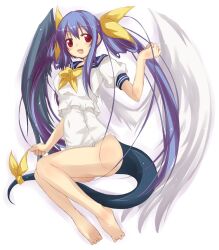  angel_wings bad_id bad_pixiv_id barefoot blue_hair blue_sailor_collar blush dizzy_(guilty_gear) female guilty_gear hair_ribbon long_hair open_mouth red_eyes ribbon sailor_collar school_uniform solo very_long_hair wings yumesato_makura 