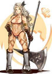  absurdres amazon_(dragon&#039;s_crown) armband armor bad_id bad_pixiv_id bikini_armor blonde_hair dragon&#039;s_crown female gloves green_eyes halberd headband highres long_hair muscular polearm ricci solo weapon 