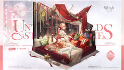  arknights bed book bookshelf bow doctor_(arknights) earrings erato_(arknights) erato_(untold_stories)_(arknights) feather_hair female glass hair_ornament highres jewelry long_hair looking_at_viewer official_alternate_costume official_art orange_eyes pallas_(arknights) pillow pink_hair ponytail slippers socks thigh_strap wenquangua white_bow white_footwear white_socks window 