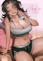  arm_support barefoot beer_can black_nails black_shorts bon_(vtuber) breasts brown_hair can colored_inner_hair commission crop_top dark-skinned_female dark_skin dotsuco drink_can drooling drunk earrings female half-closed_eyes head_tilt highres holding holding_can huge_breasts indie_virtual_youtuber jewelry long_hair looking_at_viewer midriff mouth_drool multicolored_hair navel navel_piercing on_floor open_mouth parted_lips piercing pillow pink_hair second-party_source short_shorts shorts single_earring sitting skeb_commission smile solo spread_legs stomach sweat tank_top thighs virtual_youtuber white_tank_top 