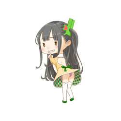  archived_source ass back_cutout blush bracelet breasts brown_eyes clothing_cutout collared_dress comic_kairakuten crocodile_hair_ornament dress female finger_to_mouth from_behind full_body green_footwear green_ribbons grey_hair heart_cutout highres jewelry kairakuten-chan key_(kagibangou) long_hair looking_at_viewer looking_back medium_breasts one_side_up panties pink_panties ribbon shushing side-tie_panties simple_background sleeveless sleeveless_dress smile solo thighhighs underwear white_background white_thighhighs yellow_dress 