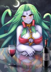  alcohol blush bottle breasts choker closed_mouth cloud colored_skin commentary commission crescent_moon cup echidna_(monster_girl_encyclopedia) english_commentary facial_mark female forehead_mark glass_table green_hair highres kuronekozero lamia large_breasts long_hair looking_at_viewer monster_girl monster_girl_encyclopedia moon navel night pointy_ears pov pov_across_table purple_skin sky slit_pupils smile snake snake_hair solo table tail tattoo tongue wine yellow_eyes 