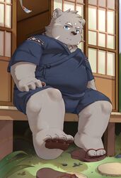  2021 anthro bear belly blue_eyes clothing detailed_background feet footwear fur grey_body grey_fur hi_res humanoid_hands jinbei_(clothing) kemono male mammal morain_xs outside overweight overweight_male sandals sitting solo young 