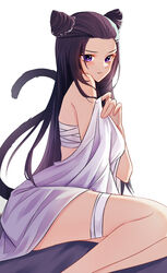  absurdres bandage_on_thigh bed_sheet black_hair blanket blush bright_pupils cat_tail cone_hair_bun double_bun douluo_dalu female hair_bun highres long_hair parted_lips purple_eyes sarashi shan_chuan sitting solo tail white_pupils zhu_zhuqing_(douluo_dalu) 