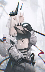  arknights bare_shoulders black_choker black_gloves black_sports_bra blurry choker chromatic_aberration commentary cowboy_shot demon_horns ear_piercing female gloves hammer highres holding holding_hammer horns igawa_hikaru infection_monitor_(arknights) jumpsuit material_growth midriff mudrock_(arknights) mudrock_(elite_ii)_(arknights) navel open_jumpsuit oripathy_lesion_(arknights) parted_lips piercing pointy_ears red_eyes solo sports_bra stomach war_hammer weapon white_hair white_jumpsuit 