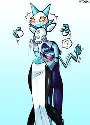  4_fingers absurd_res ambiguous_gender anthro bandana biped black_body blue_body blue_hair blue_skin blush blushing_profusely clothing deltarune detachable detachable_limbs digital_creature dress duo electrical_plug_tail felid feline female fingers floating_hands floating_torso gloves glowing hair handwear hi_res hidden_eyes human kaibootsu kerchief kris_(deltarune) larger_female lifting lifting_another looking_down machine mammal open_mouth plug portrait question_mark robot screw short_hair simple_background size_difference smaller_ambiguous standing surprise tasque_manager three-quarter_portrait undertale_(series) white_body white_clothing white_dress wide_hips yellow_eyes 