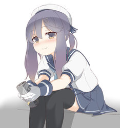  bad_id bad_twitter_id beer_can black_thighhighs blue_neckerchief blue_ribbon blue_sailor_collar blue_skirt can commentary_request drink_can feet_out_of_frame female gloves gradient_hair hat highres kantai_collection multicolored_hair neckerchief orange_hair pleated_skirt puffy_short_sleeves puffy_sleeves purple_eyes purple_hair ribbon sailor_collar sailor_hat school_uniform serafuku short_sleeves sidelocks simple_background skirt soba_(sobaya1938) solo squatting strong_zero thighhighs tsushima_(kancolle) white_background white_gloves white_hat 