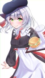  beret bird blunt_bangs blush braid breasts burger chicken drink drinking_straw employee_uniform fast_food fast_food_uniform female food genshin_impact green_eyes hat keipup kfc lettuce long_sleeves looking_at_viewer noelle_(genshin_impact) noelle_(kfc)_(genshin_impact) official_alternate_costume short_hair simple_background solo tray uniform white_background 