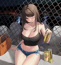  alcohol arm_support bag bare_arms bare_shoulders beer beer_can black_shirt blue_shorts blush breasts brown_eyes brown_hair camisole can chain-link_fence cleavage collarbone crop_top cutoffs denim denim_shorts drink_can exposed_pocket female fence handbag head_tilt highres large_breasts long_hair micro_shorts midriff navel night night_sky open_mouth original shirt shorts sitting sky sleeveless sleeveless_shirt smile solo somyo_(s0my0) spaghetti_strap stomach strap_gap strap_slip sweat tetrapod thigh_gap thighs water wet 