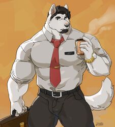  2019 anthro barazoku beard belt beverage big_muscles black_hair black_nose bottomwear briefcase canid canine canis clock clothing coffee dress_shirt eyebrows facial_hair fur hair hi_res huge_muscles imato looking_at_viewer male mammal muscular muscular_anthro muscular_male necktie pants shirt solo standing thick_eyebrows tight_clothing topwear watch white_body white_fur wolf wristwatch 