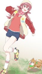  :o blush canine commentary female floating_hair hat idolmaster idolmaster_shiny_colors jacket komiya_kaho letterman_jacket looking_away mamemaru_(shiny_colors) nikujiru_(nickjr) red_hair running scarf shiba_inu shoes shorts simple_background smile sneakers star_(symbol) 