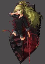  bad_id bad_pixiv_id blonde_hair blood bow clenched_hand croriin fantasy faux_figurine female hairbow hand_on_own_cheek hand_on_own_face highres holding holding_weapon original ponytail red_bow red_ribbon ribbon stairs sword thighhighs tied_hair weapon 