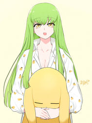  breasts c.c. cheese-kun cleavage code_geass female green_hair highres long_hair looking_at_viewer noppo open_mouth pajamas simple_background solo stuffed_toy teeth yellow_background yellow_eyes 