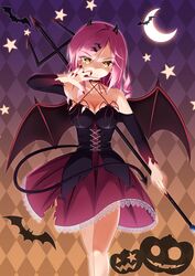  &gt;:) absurdres bare_legs bat_(animal) bat_hair_ornament bat_wings black_corset breasts claw_pose cleavage closed_mouth commentary corset cross-laced_clothes cross-laced_dress demon_horns demon_tail female fingernails frilled_skirt frills full_body hair_ornament half_moon halloween highres holding_trident horns large_breasts long_fingernails long_hair moon nail_polish oerba_yun_fang open_hand parted_bangs pink_hair polearm pumpkin red_nails red_skirt sanoba_witch sesen2000 shaded_face sidelocks skirt solo souma_nanao standing star_(sky) tail torn_clothes torn_skirt trident v-shaped_eyebrows vampire_costume weapon wings yellow_eyes 