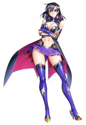  aqua_eyes ass_visible_through_thighs bare_shoulders black_hair boots breasts breasts_squeezed_together bridal_gauntlets cape cleavage coattails commentary_request contrapposto cross cross_earrings crossed_arms earrings female forehead frilled_skirt frills full_body fuuma_tokiko hair_between_eyes high_heel_boots high_heels jewelry kagami_hirotaka legs_apart long_hair looking_at_viewer navel official_alternate_costume official_art parted_lips purple_skirt purple_thighhighs simple_background skirt solo standing taimanin_(series) taimanin_rpgx thigh_boots thighhighs thighs v-shaped_eyebrows white_background 