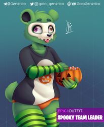  2019 absurd_res anthro bear clothed clothing digital_media_(artwork) english_text epic_games footwear fortnite fur gatogenerico green_body green_fur halloween heterochromia hi_res holidays legwear looking_at_viewer mammal mask panties portrait shirt simple_background smile socks solo spooky_team_leader text three-quarter_portrait tongue tongue_out topwear underwear 