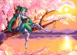  artist_name bare_legs bare_shoulders barefoot bishoujo_senshi_sailor_moon bishoujo_senshi_sailor_moon_crystal bishoujo_senshi_sailor_moon_s black_dress black_skirt blush breasts burbur cherry_blossoms cleavage colorful commentary curly_hair dark_green_hair dress english_commentary evening facial_mark feet female finger_to_mouth fingernails forehead_mark full_body green_eyes green_hair green_nails hand_up index_finger_raised looking_at_viewer mountain open_mouth orange_sky parted_lips ripples river scenery short_dress short_hair sitting skirt sky sleeveless sleeveless_dress smile solo star_(symbol) star_facial_mark sunset teeth tellu_(sailor_moon) tree water watermark witches_5 