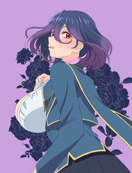  absurdres blush breasts cardigan cleavage commentary female green_cardigan highres kinsou_no_vermeil large_breasts long_sleeves looking_at_viewer neckerchief parted_lips pawowe purple_hair red_eyes school_uniform serafuku shirt short_hair solo vermeil_(kinsou_no_vermeil) white_shirt 