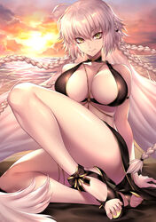  ahoge arm_support beach bikini black_bikini blonde_hair braid breasts closed_mouth fate/grand_order fate_(series) feet female high_heels highres jeanne_d&#039;arc_alter_(fate) jeanne_d&#039;arc_alter_(festival_outfit)_(fate) jewelry large_breasts legs long_hair looking_at_viewer nasaniliu navel necklace o-ring o-ring_bikini ocean official_alternate_costume revision sarong sitting solo sunset swimsuit thighs toes twilight water yellow_eyes yokozuwari 