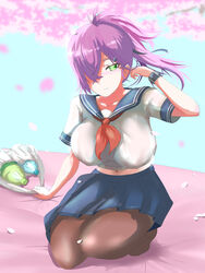  absurdres azur_lane bag blue_skirt blurry blurry_background breasts brown_thighhighs cherry_blossoms collarbone commentary falling_petals female green_eyes hair_over_one_eye highres kneeling large_breasts navel official_alternate_costume pantyhose petals plastic_bag plastic_bottle ponytail purple_hair sansei school_uniform shirt skirt solo thighhighs trieste_(azur_lane) trieste_(rooftop_lunch_break)_(azur_lane) watch white_shirt wristwatch 