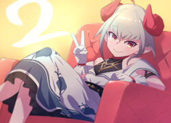  ahoge armchair blush chair collar commentary curled_horns demon_horns dress feet_out_of_frame female gloves grey_hair highres horns looking_at_viewer makaino_ririmu makaino_ririmu_(1st_costume) multicolored_hair nijisanji off-shoulder_dress off_shoulder pointy_ears red_collar red_eyes red_hair sabamen short_hair sidelocks sitting smile streaked_hair symbol-only_commentary v virtual_youtuber white_gloves 