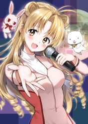  antenna_hair bell blonde_hair blush bow brown_eyes collar commentary_request double_bun drill_hair female full_moon full_moon_(full_moon_wo_sagashite) full_moon_wo_sagashite hair_bun holding holding_microphone idol kouyama_mitsuki long_hair looking_at_viewer meroko_yui meroko_yui_(bunny) microphone moon music nishizawa open_mouth outstretched_hand pink_footwear rabbit red_bow red_ribbon ribbon ringlets simple_background singing takuto_kira takuto_kira_(cat) time_paradox upper_body zipper 