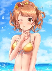  absurdres alternate_hairstyle bare_shoulders bikini blue_sky blush breasts brown_eyes brown_hair cloud collarbone commentary_request day dot_nose female finger_to_mouth flower front-tie_bikini_top front-tie_top hair_flower hair_ornament heart highres hojo_karen idolmaster idolmaster_cinderella_girls idolmaster_cinderella_girls_starlight_stage index_finger_raised jewelry lens_flare long_hair looking_at_viewer medium_breasts naruse_nagi navel necklace ocean one_eye_closed parted_lips sky smile solo sparkle splashing swimsuit yellow_bikini yellow_nails 