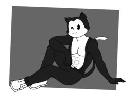  4:3 abs anthro biceps clothed clothing domestic_cat enderbendr epic_games felid feline felis fortnite humanoid looking_at_viewer male mammal meowscles meowscles_(toon) muscular muscular_anthro muscular_male simple_background sitting smile solo 