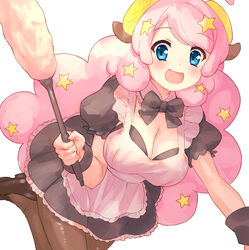  :d apron black_bow black_dress black_footwear blue_eyes bow breasts brown_pantyhose cleavage commentary_request cow_horns dress duster female frilled_apron frills hair_ornament highres horns large_breasts loafers long_hair looking_at_viewer maid_apron moa_(show_by_rock!!) nyama pantyhose pink_hair puffy_short_sleeves puffy_sleeves shoes short_sleeves show_by_rock!! simple_background smile solo star_(symbol) star_hair_ornament very_long_hair white_apron white_background wrist_cuffs 